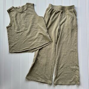 Listicle Olive Green Lounge Set | Minimalist Cozy Two Piece | Wide Leg Pants